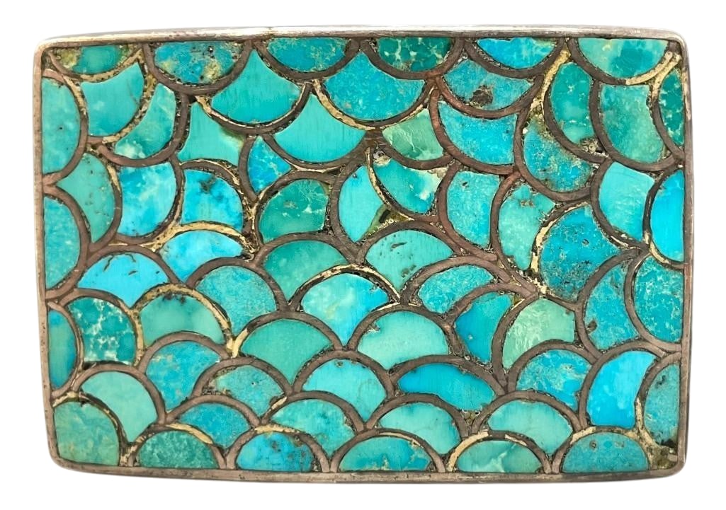 Vintage Fish Scale Inlay Turquoise And Sterling Silver Belt Buckle (1 of 8)