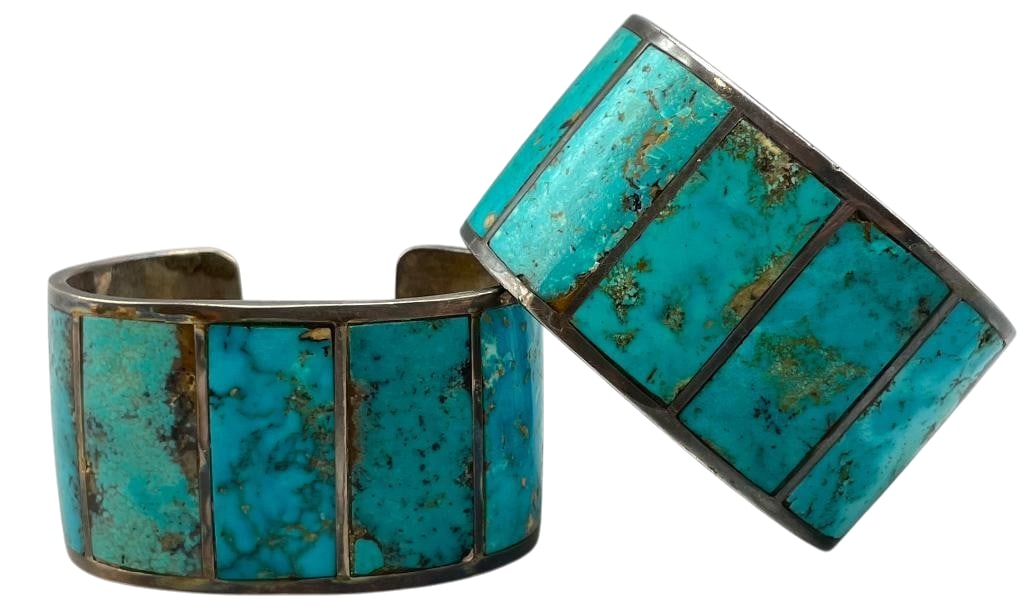 Vintage Alberto Contreras Turquoise Inlay Matching Bracelets: Offered here for your consideration are two vintage Alberto Contreras turquoise inlay matching bracelets. Both pieces feature nine rectangular turquoise inlays accented with silver channels. *NOTE: On
