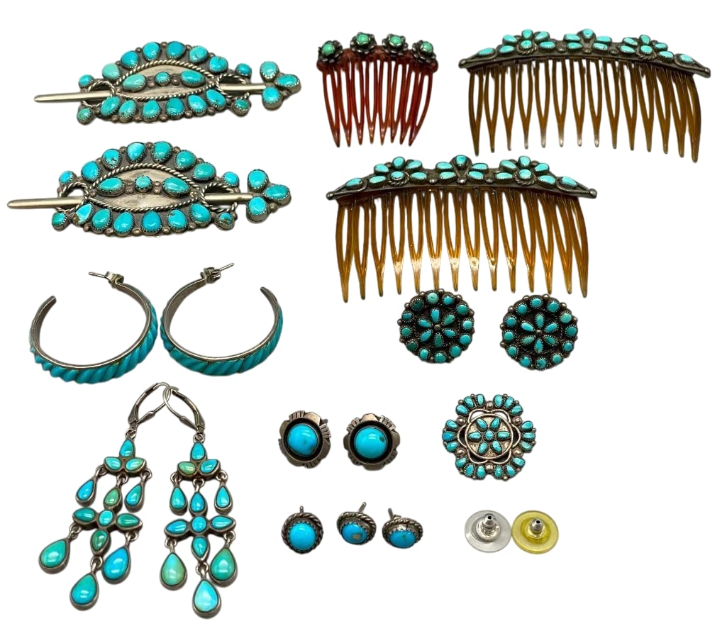 Group Of Earrings, Hair Combs, Hair Pins, Etc With Turquoise Accents: Offered here for your consideration is a group of earrings, hair combs, hair pins, etc with turquoise accents. Most of the pieces feature turquoise cabochons set in silver bezels with silver accents. 