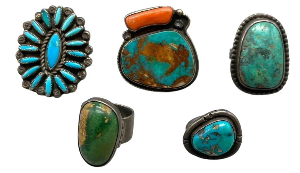 Group Of Five Sterling Silver Rings With Turquoise Settings: Offered here for your consideration is a group of five sterling silver rings with turquoise settings. Each piece features turquoise cabochons and one is further highlighted with a coral cabochon. The 