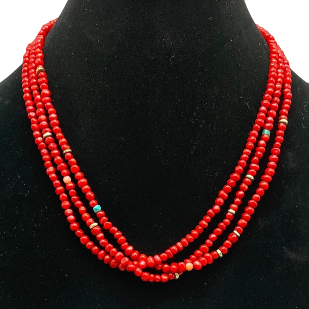 Three Strand Coral Necklace With Turquoise, 14K Gold Beads And Findings: Offered here for your consideration is a three strand coral necklace with turquoise, 14K gold beads and findings. This piece features three strands of coral beads accented with 14K gold, peach coral a