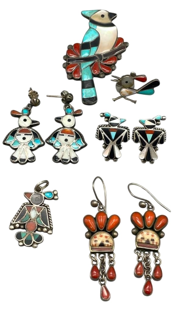 Group Of Sterling Silver And Multi Stone Inlay Earrings, Pin/Pendant, Pendant, Tie Tack, Etc. (1 of 8)
