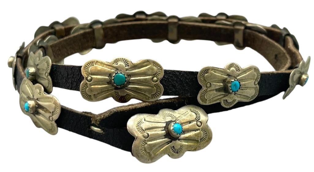 Sterling Silver And Turquoise Concho Theme Hat Band: Offered here for your consideration is a sterling silver and turquoise concho theme hat band. The belt has 14 butterfly themed conchos and matching buckle. Each highlighted with hand stamped designs, 