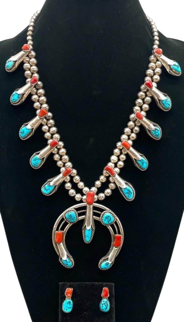 Sterling, Turquoise And Coral Squash Blossom Necklace With Flower Pot Style Blossoms And Earrings: Presented here for your bidding enjoyment is a sterling, turquoise and coral squash blossom necklace with flower pot style blossoms and earrings. This necklace features a three wire naja highlighted w