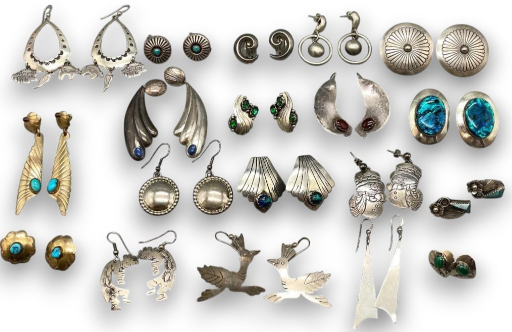 19 Pairs Of Earrings With Various Settings And Designs: Offered here for your consideration are 19 pairs of earrings with various settings and designs. Some pieces feature turquoise or other cabochons set in silver bezels accented with silver details, whil