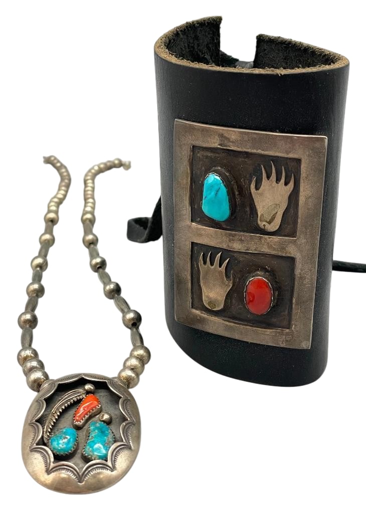 Sterling Silver, Turquoise And Coral Ketoh With Necklace: Offered here for your consideration is a sterling silver, turquoise and coral ketoh with necklace. The pendant and silver plate both feature turquoise and coral cabochons set in various silver bezels 