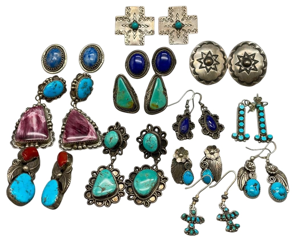 12 Pairs Of Sterling Silver Earrings With Various Styles And Designs: Offered here for your consideration are 12 pair of sterling silver earrings with various styles and designs. These earrings feature a variety of cabochons including turquoise, lapis, coral and spiny o