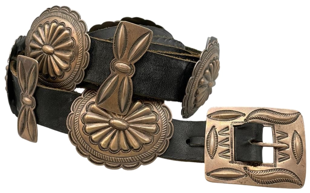 Vintage Sterling Silver Stamped Repousse Concho Belt: Offered here for your consideration is a vintage sterling silver stamped repousse concho belt. This piece features six oval conchos, six butterfly conchos and one rectangular buckle highlighted with r
