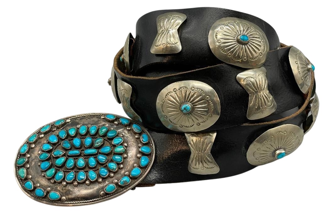 Nice Silver And Turquoise Buckle On Nickel Concho Belt (1 of 15)