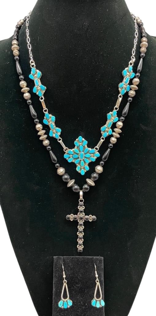 Sterling Silver And Turquoise Pendant Set With Onyx Cross Necklace: Offered here for your consideration is a sterling silver and turquoise pendant set with onyx cross necklace. The pendants and earrings are highlighted with turquoise or onyx cabochons set in sawtooth 