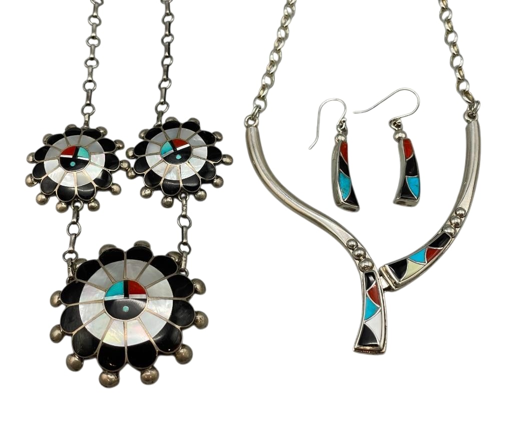 Sterling Silver And Multi Stone Inlay Necklaces: Offered here are two sterling silver and multi stone inlay necklaces. The pieces feature multi stone inlay set in silver including onyx, coral, turquoise and others accented with silver dots. One piec