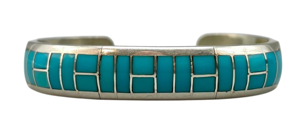 Sterling Silver And Sleeping Beauty Inlay Bracelet By Ted Tsadiase: Presented for your consideration is a sterling silver and Sleeping Beauty inlay bracelet by Ted Tsadiase. This beautiful bracelet features a turquoise flush inlay in rectangular patterns. The piece is