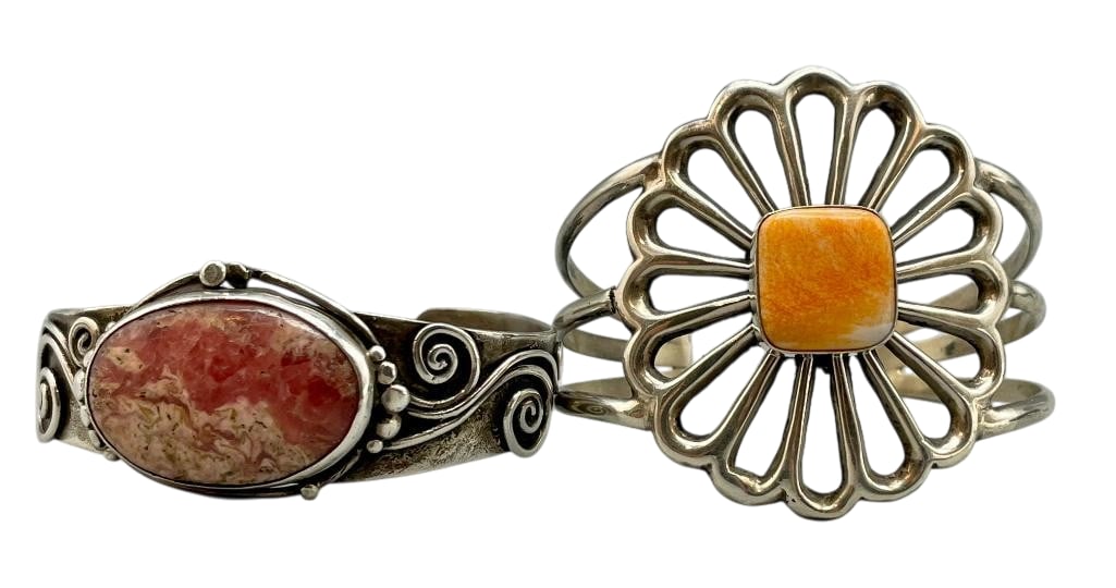 Two Sterling Silver Bracelets - Spiny Oyster And Rhodochrosite: Available here for your consideration are two sterling silver bracelets - one spiny oyster and one rhodochrosite. The first bracelet features a spiny oyster cabochon set in a smooth silver bezel on a 