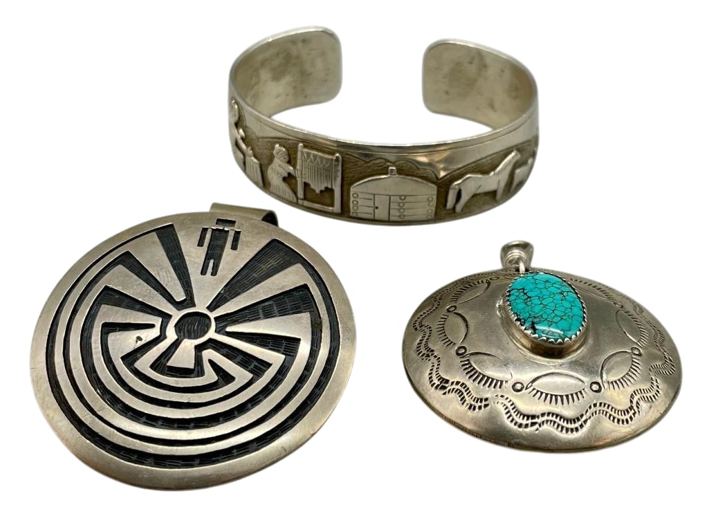 Sterling Silver And Overlay Bracelet With Pin And Pendant: For your bidding pleasure is a sterling silver overlay bracelet with pin and pendant. This bracelet features a storyteller design with near perfect cut outs and lines. Hand stamped patterns and a soli