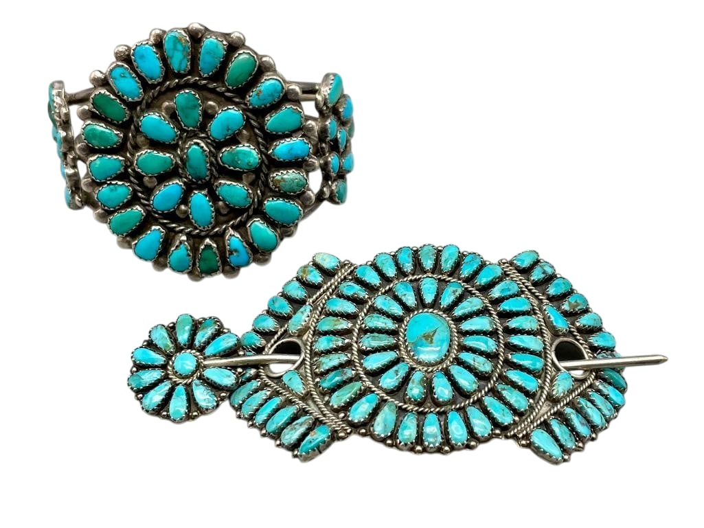 Sterling Silver And Turquoise Cluster Bracelet And Hair Pin: For your bidding enjoyment we present a sterling silver and turquoise cluster bracelet and hair pin. This bracelet and hair pin each feature several turquoise cabochons set in sawtooth silver bezels. 
