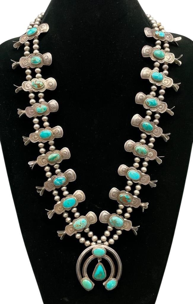 Nice Vintage Turquoise And Sterling Silver Box Bow Squash Blossom Necklace With Handmade Beads (1 of 19)