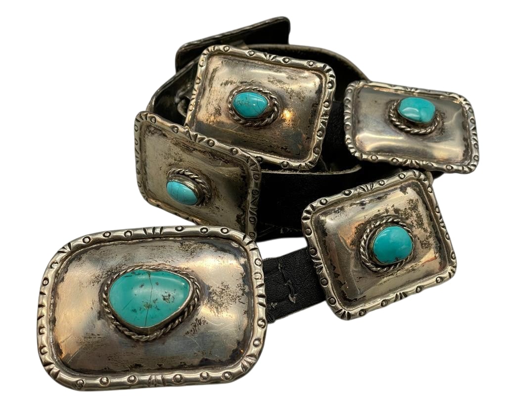 Vintage Sterling Silver And Turquoise Concho Belt: Offered here for your consideration is a vintage sterling silver and turquoise concho belt. The belt has nine rectangular conchos and a matching buckle. *NOTE: The buckle's stone has a fissure/cra