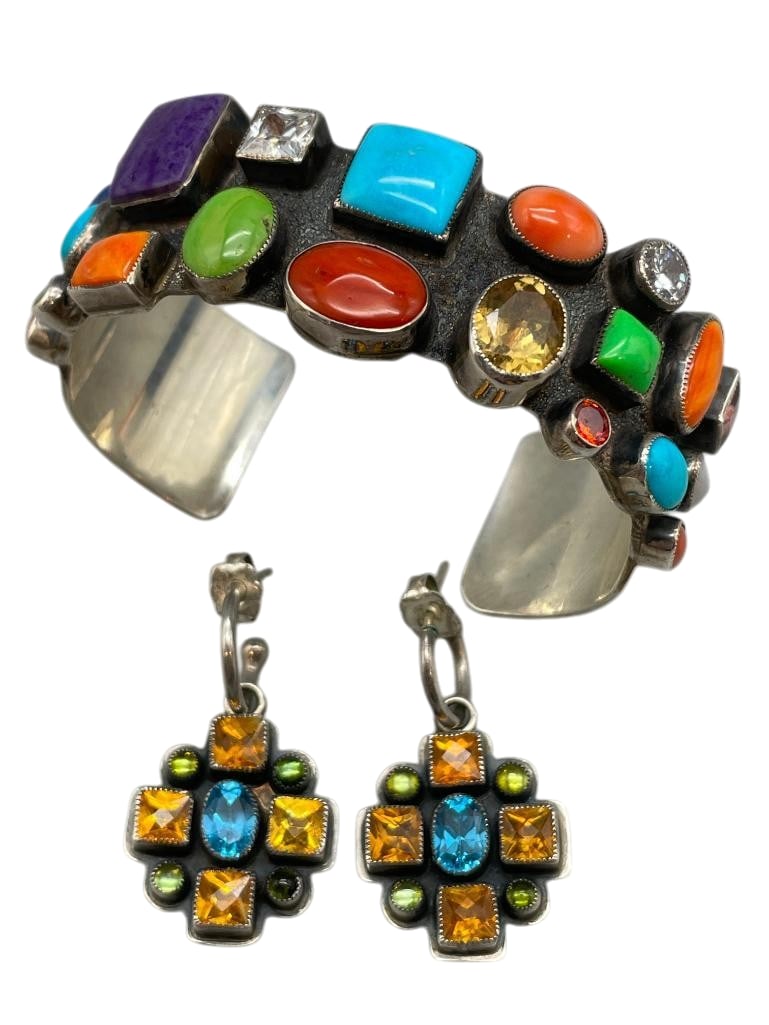 Sterling Silver And Multi Stone Bracelet And Pair Of Earrings By Don Lucas: For your bidding enjoyment we present a sterling silver and multi stone bracelet and a pair of earrings by Don Lucas. The bracelet and earrings are highlighted with a variety of cabochons including co