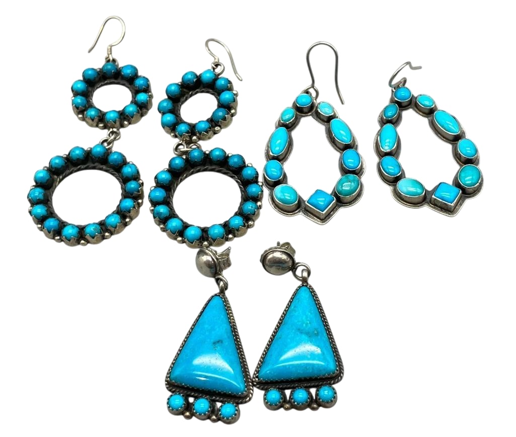 Three Pairs Of Sterling Silver And Turquoise Earrings - One By Don Lucas: Offered here for your consideration are three pairs of sterling silver and turquoise earrings - one by Don Lucas. These earrings feature a variety of designs, including dangles, triangular shapes and 