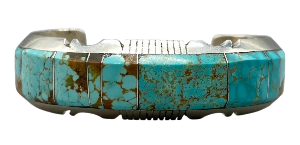 Nice Turquoise And Sterling Silver Inlay Bracelet: Presented for your consideration is a nice turquoise and sterling silver inlay bracelet. This beautiful bracelet features a channel inlay design created with turquoise with nice brown matrix. The ston
