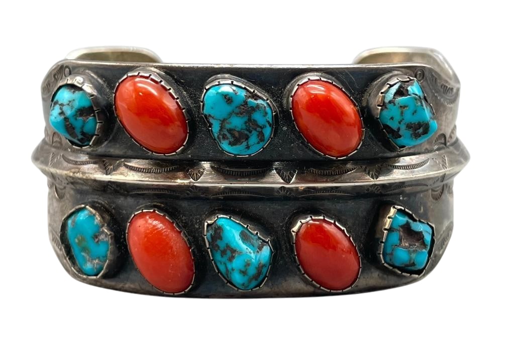 Vintage Sterling Silver, Turquoise And Coral Bracelet - Carl Luthey (1 of 9)