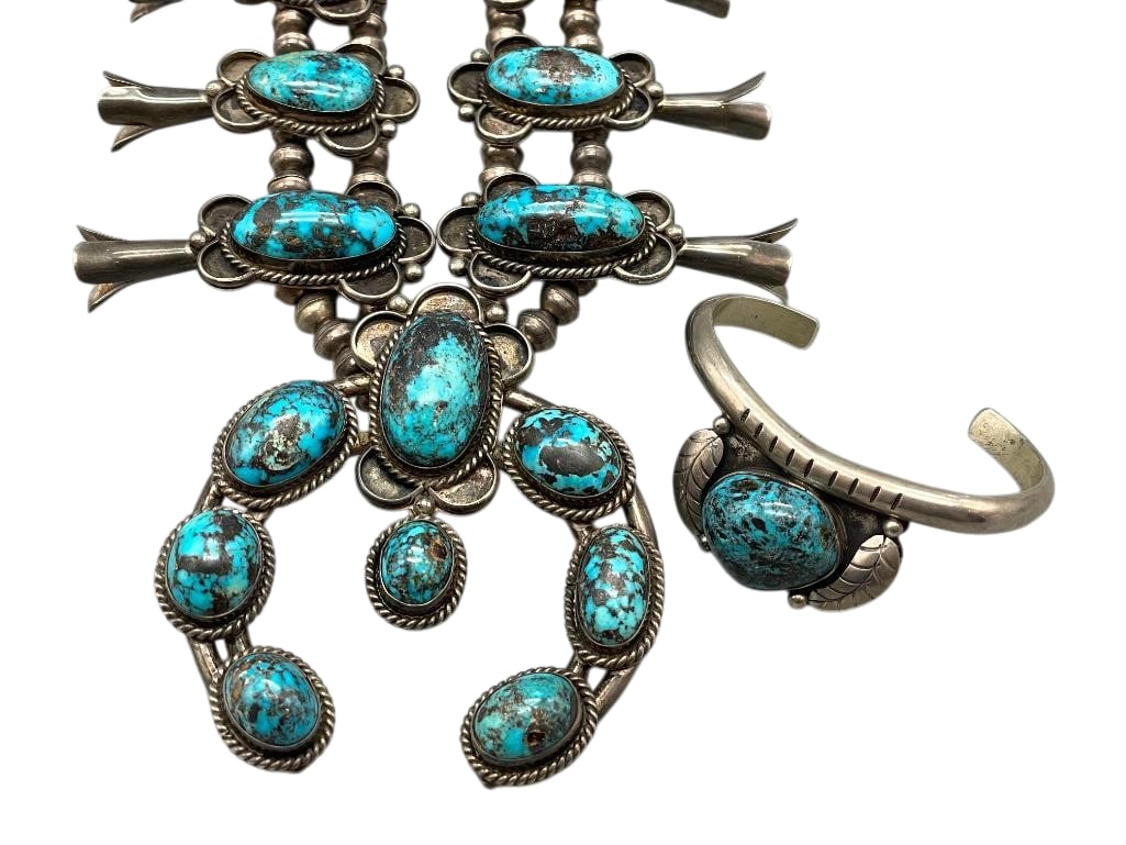 Vintage Sterling Silver And Persian Turquoise Squash Blossom Necklace And Bracelet (1 of 19)