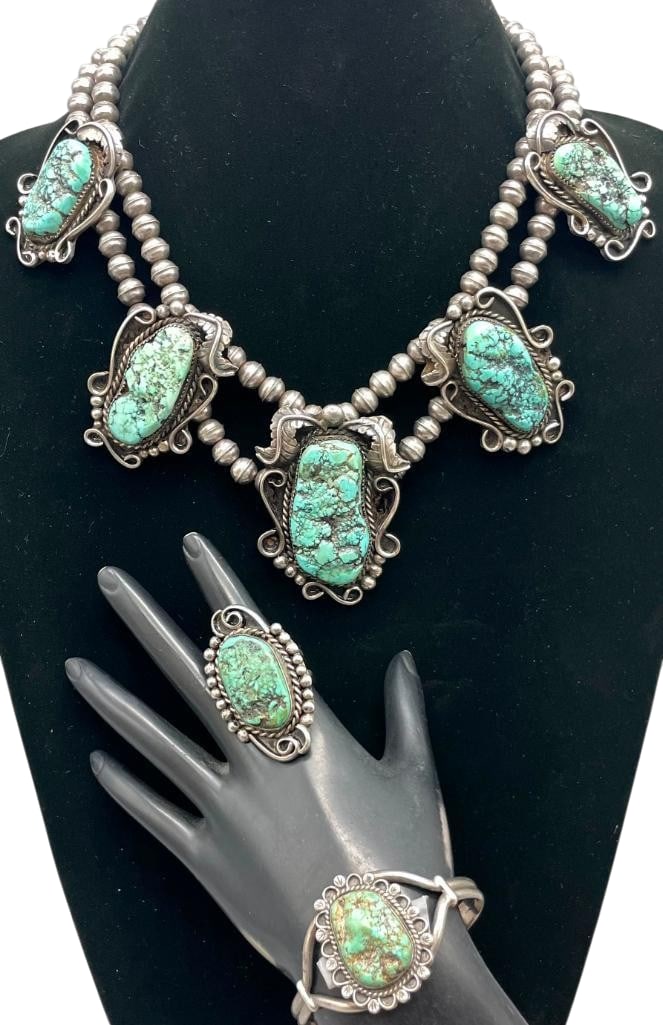 Vintage Turquoise And Sterling Silver Necklace, Bracelet And Ring (1 of 19)