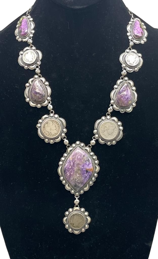 Coin Themed Charoite And Sterling Silver Necklace: Offered here for your consideration is a coin themed charoite and sterling silver necklace. The neckline features five pendants with charoite cabochons in silver bezels and five other pendants with li