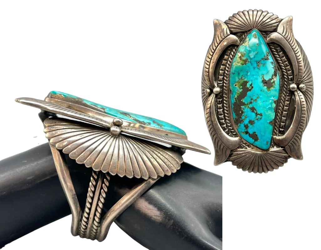 Statement Turquoise And Sterling Silver Bracelet: Offered here for your consideration is a statement turquoise and sterling silver bracelet. This piece features a turquoise cabochon set in a smooth silver bezel. Accenting the stone are hand stamped a