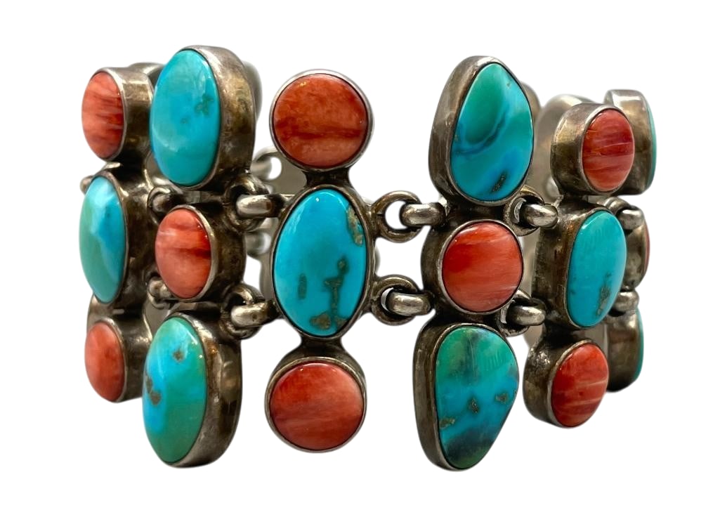 Turquoise, Spiny Oyster And Sterling Silver Link Bracelet By KRS Studios Alb, NM (1 of 8)