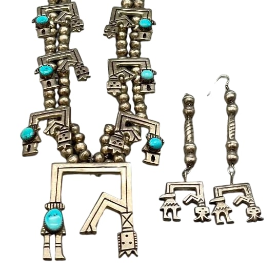 Vintage Rainbow Man Sterling Silver And Turquoise Necklace With Earrings: Offered here for your consideration is a vintage Rainbow Man sterling silver and turquoise necklace with earrings. The central pendant showcases a Rainbow Man design highlighted with a turquoise caboc