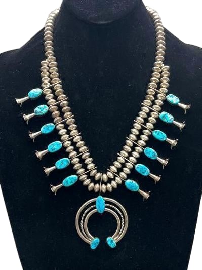 Sterling Silver and Turquoise Squash Blossom Style Necklace (1 of 15)