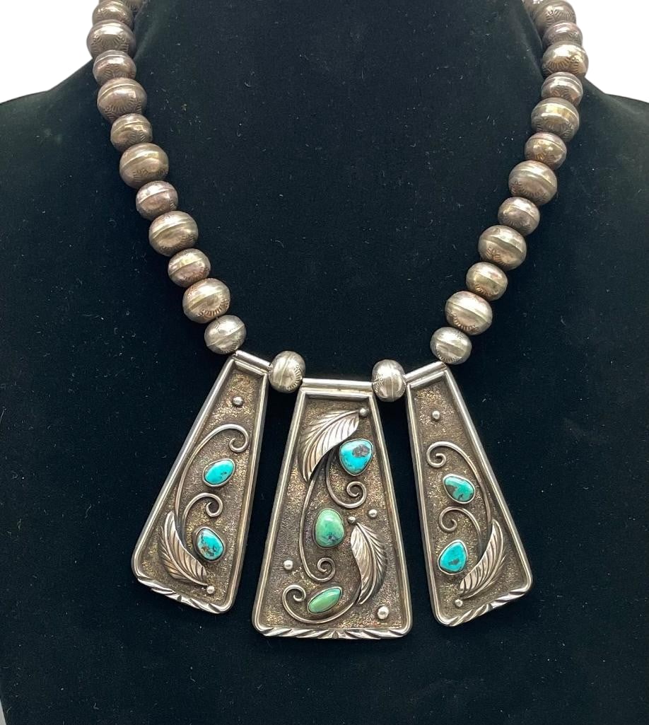 Vintage Sterling Silver And Turquoise Necklace With Three Nice Pendants (1 of 13)