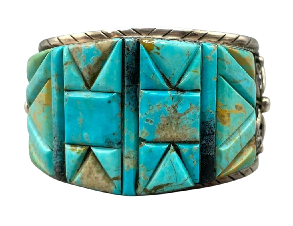 Highly Detailed Sterling Silver and Cobblestone Turquoise Inlay Bracelet (1 of 9)