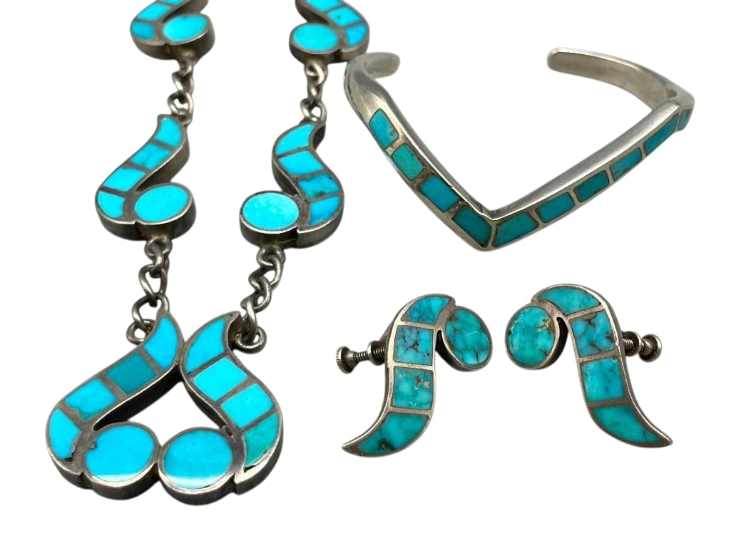 Vintage Sterling Silver And Turquoise Channel Inlay Necklace, Bracelet and Earrings (1 of 17)