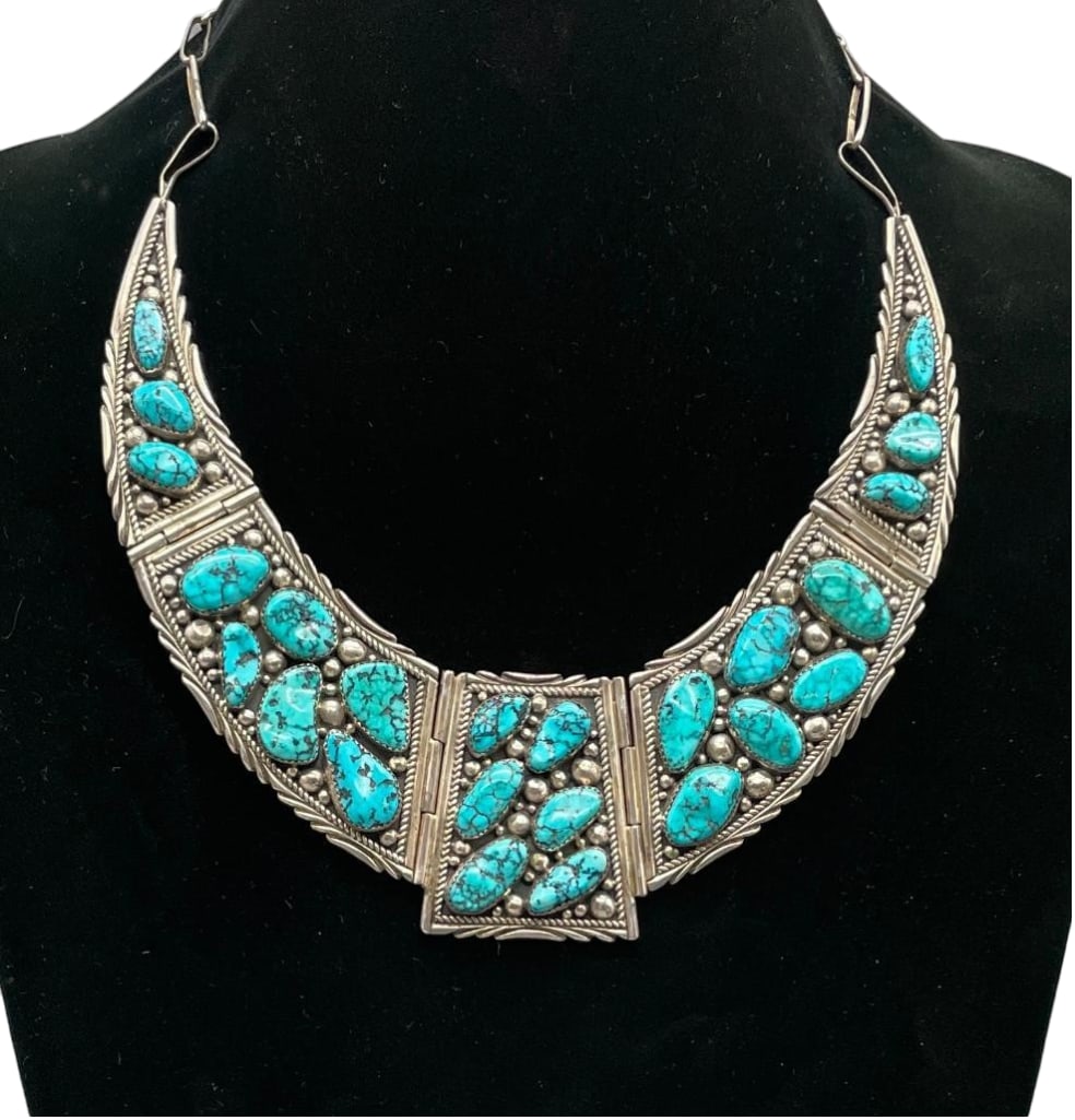 Vintage Sterling Silver and Turquoise Cluster Collar Bib Style Necklace (1 of 15)