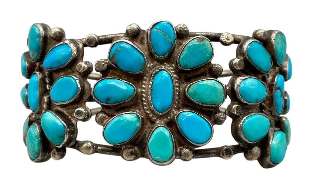 Vintage Sterling Silver and Natural Turquoise Cluster Bracelet (1 of 10)
