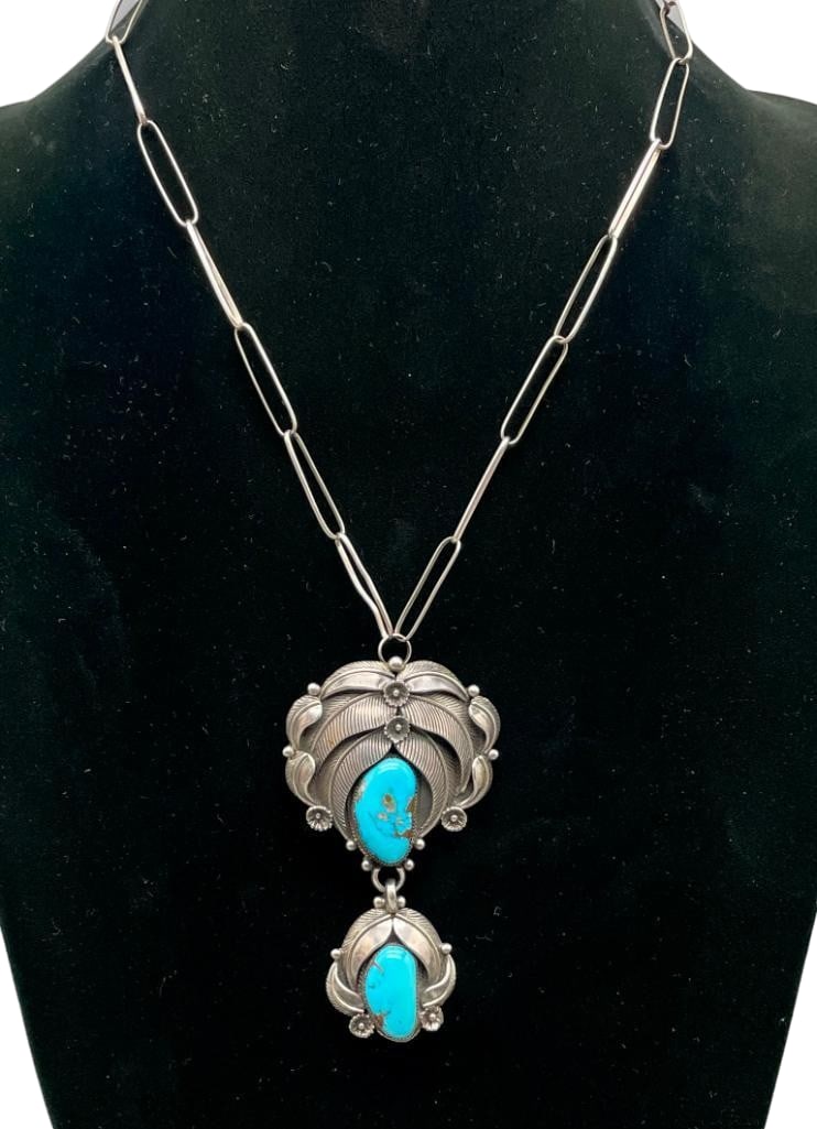 Sterling Silver and Turquoise Two Stone Pendant and Link Chain - Loren Begay (1 of 12)