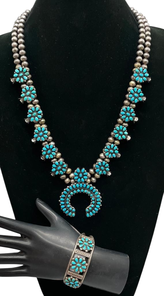 Vintage Sterling Silver and Turquoise Cluster Squash Blossom Necklace and Bracelet (1 of 19)