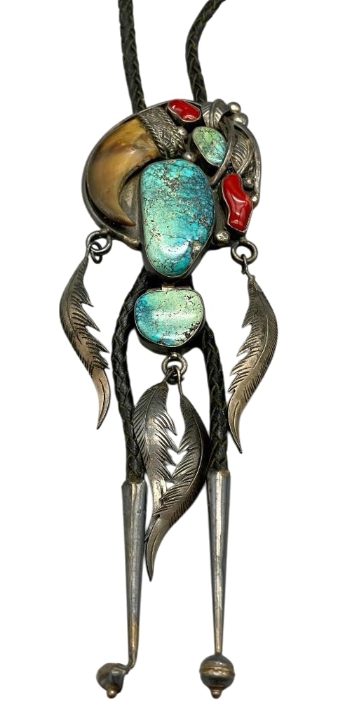 Sterling Silver Turquoise, Coral and Claw Bolo Tie: Offered here for your consideration is a sterling silver turquoise, coral and claw bolo tie. The slide features three turquoise and two coral cabochons set in smooth silver bezels. *NOTE: One of the t