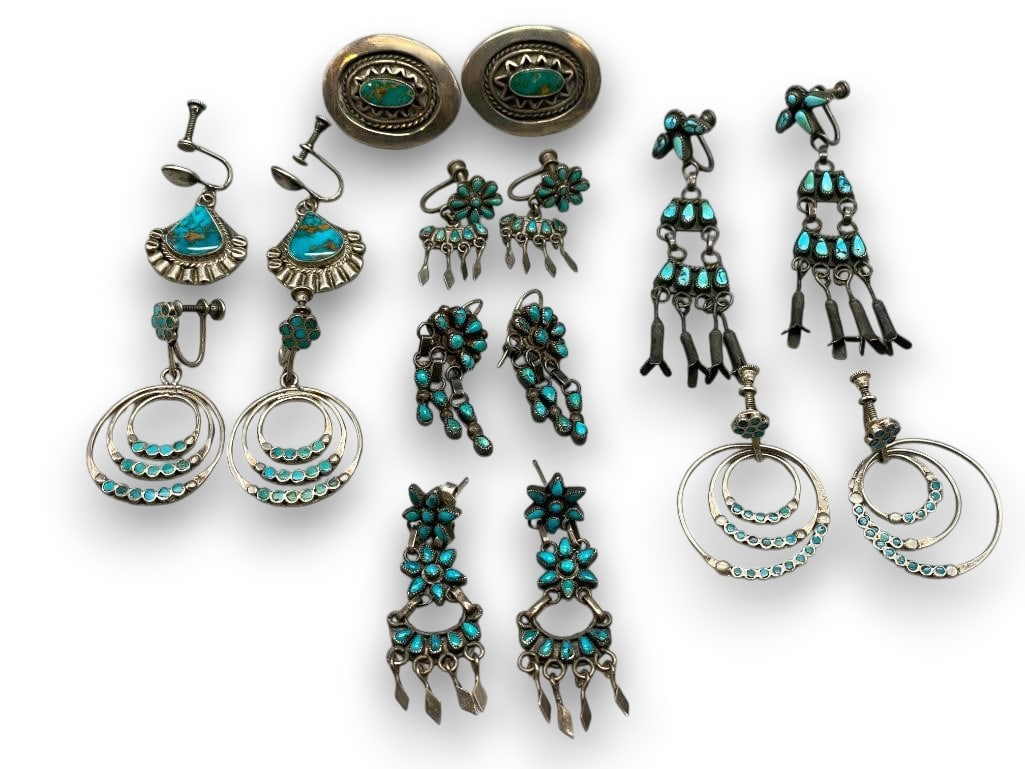 Eight Vintage Pairs Of Sterling Silver And Turquoise Earrings (1 of 8)