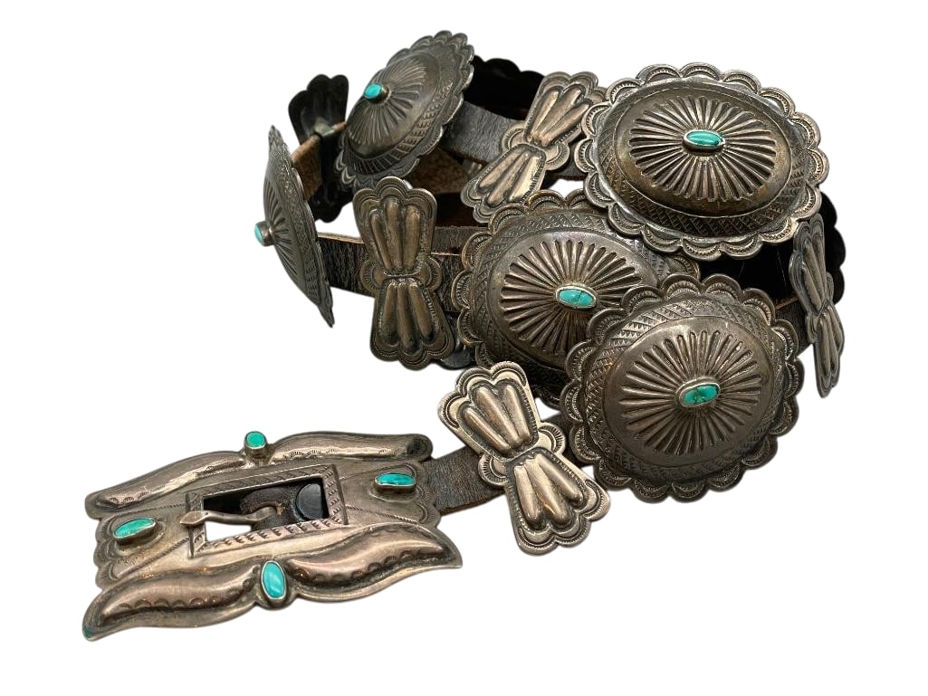 Vintage Nice Sterling Silver and Turquoise Concho Belt: Offered here for your consideration is a vintage nice sterling silver and turquoise concho belt. This piece features nine oval conchos, 10 butterfly conchos and a rectangular buckle accented with repo