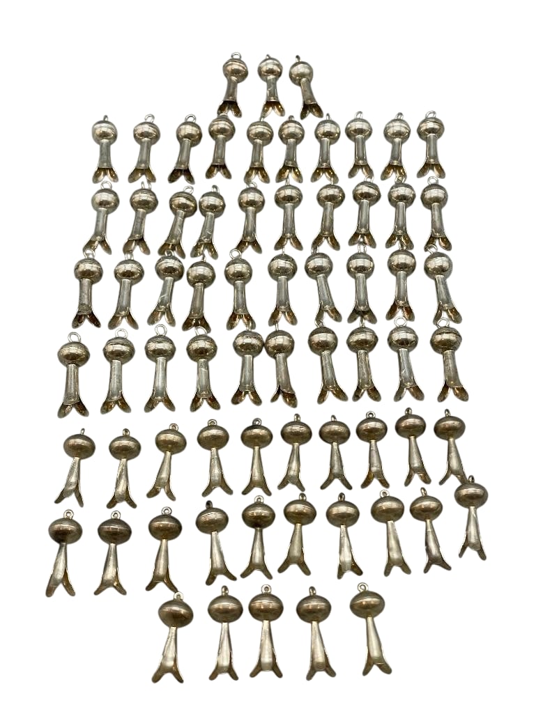 Sterling Silver Squash Blossoms for Earrings Or Necklaces: Offered here for your consideration is a group of sterling silver squash blossoms for earrings or necklaces. This lot includes 25 small and and 43 larger squash blossoms with some showcasing handmade 