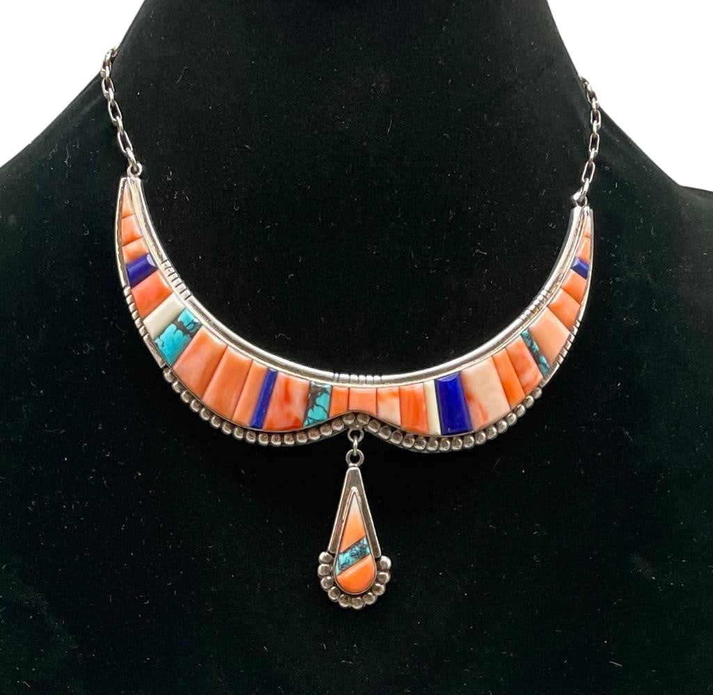 Sterling Silver And Multi Stone Inlay Necklace By Cathy Webster: Offered here for your consideration is a sterling silver and multi stone inlay necklace by Cathy Webster. This necklace features a beautiful pendant with a matching dangle showcasing a cobblestone inl