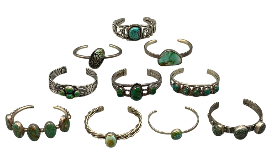 Group Of 10 Sterling Silver Bracelets With Turquoise Settings (1 of 18)