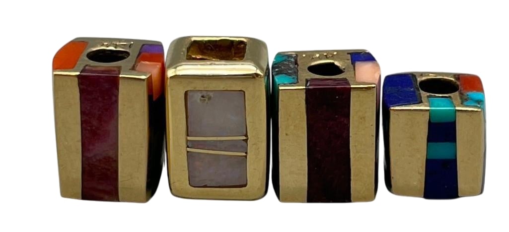 Four 14K Gold And Multi Stone Inlay Cube Pendants - Two Signed By Jimmy King Jr: Offered here are four 14K gold and multi stone inlay cube pendants - two signed by Jimmy King Jr. These pendants are crafted in 14K gold (marked) and feature multi stone inlays on each side. The inlay