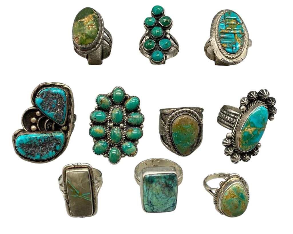 10 Sterling Silver Rings With Various Settings: Offered here for your consideration are 10 sterling silver rings with various settings. Most of the pieces feature turquoise cabochons set in smooth or sawtooth silver bezels with silver accents. One 