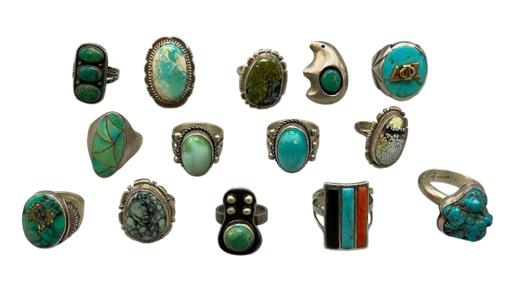 14 Sterling Silver Rings With Various Settings: Offered here for your consideration are 14 sterling silver rings with various settings. Most of the pieces feature turquoise and other stone cabochons set in smooth or scalloped silver bezels and acce