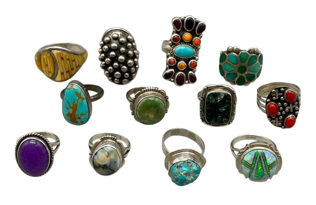 Group Of 12 Sterling Silver Rings With Various Settings: Offered here for your consideration is a group of 12 sterling silver rings with various settings. Most of the pieces feature various stone cabochons including turquoise, coral and others set in smooth