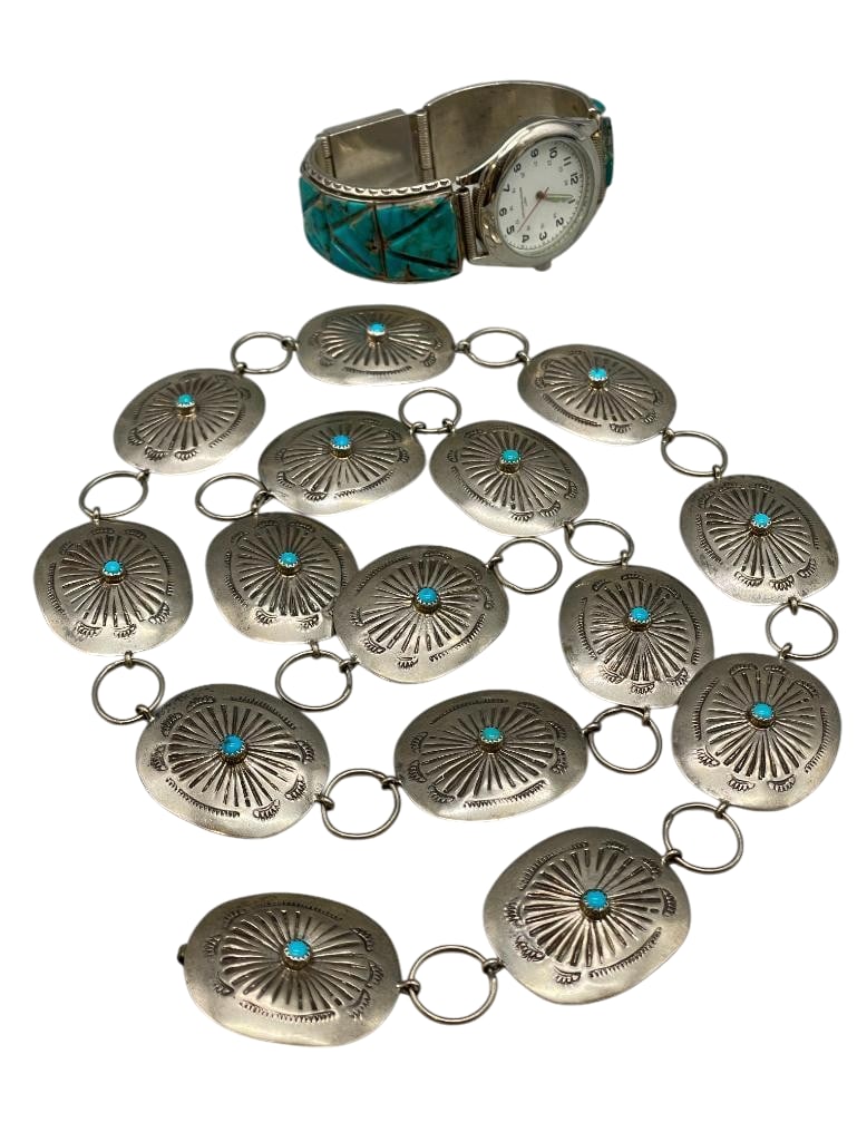 Sterling Silver And Turquoise Link Concho Belt With Watch Bracelet: Offered here for your consideration is a sterling silver and turquoise link concho belt with a watch bracelet. The belt features 14 oval conchos and a matching buckle, each with a turquoise cabochon s